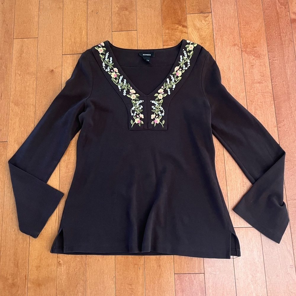 Express Brown Embroidered V Neck Top Large